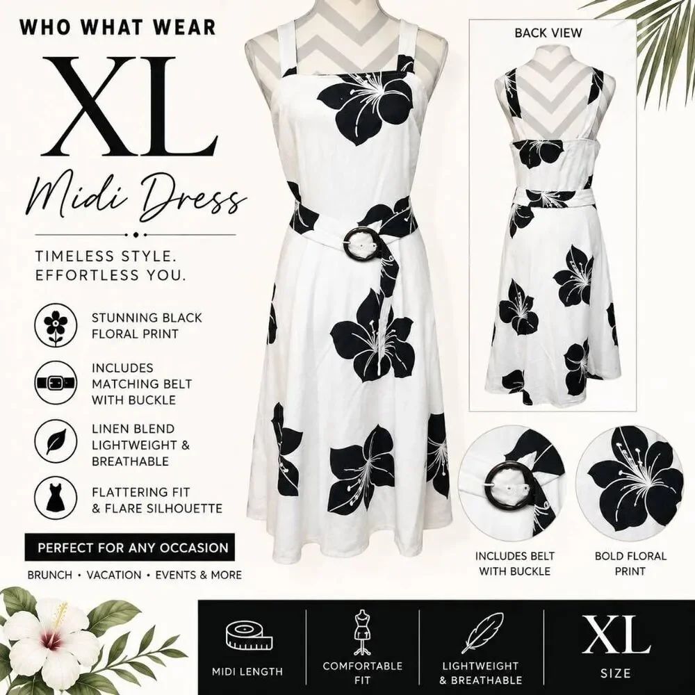 Who What Wear XL White Black Tropical Hibiscus Linen Blend Midi Dress Belted